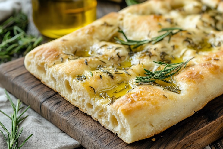 Foto pão de focaccia recém-cozido coberto de romário e azeite de oliva esfriando em uma tábua de madeira