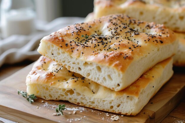 Pão de focaccia recém-cozido com ervas e especiarias