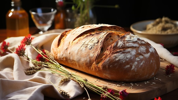 Pão de massa fermentada artesanal em uma tábua de madeira acompanhado de trigo e flores vermelhas destacando a qualidade caseira e ingredientes naturais perfeitos para temas culinários