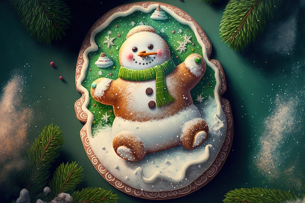 Pão de Natal com forma de boneco de neve e fundo verde