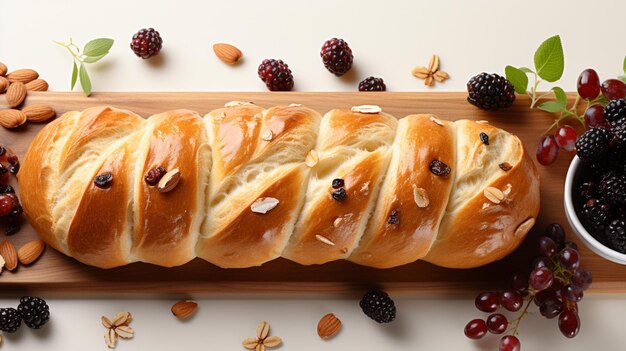 Pão de passas assado e frutas para o pequeno-almoço