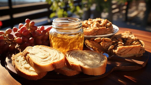 Pão de pasta de nozes e mel na mesa conceito de comida calórica de estilo rústico