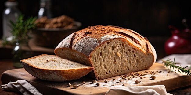 Pão de trigo de padaria orgânico fresco gerado por IA em mesa de madeira