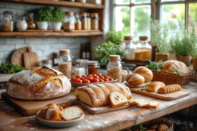 pão e bolos caseiros recém-cozidos em uma cozinha aconchegante rústica