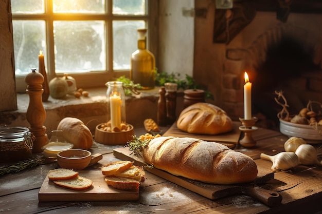 Pão e bolos recém-cozidos em um balcão de cozinha rústico