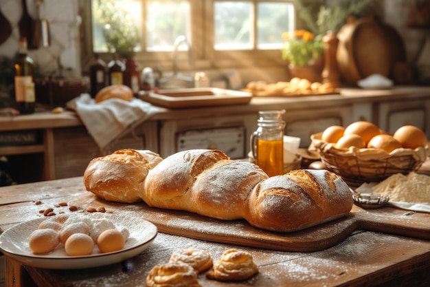 Pão e bolos recém-cozidos em um balcão de cozinha rústico