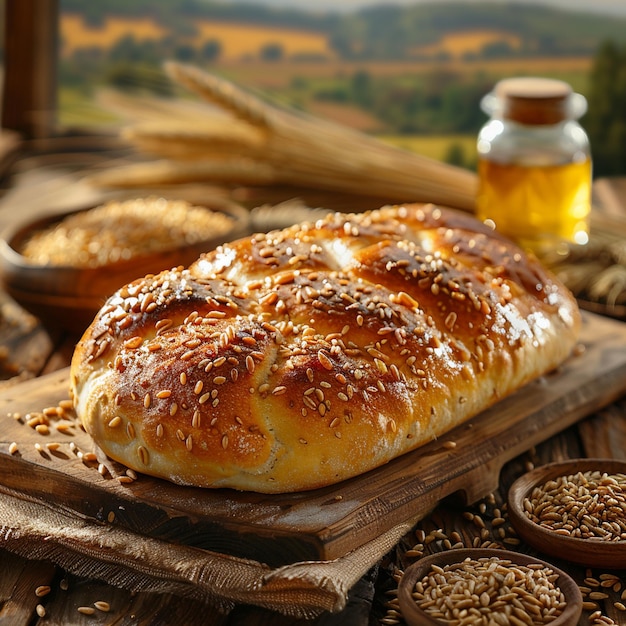 Foto pão e trigo frescos e perfumados em uma mesa de madeira com um campo de trigo ao fundo