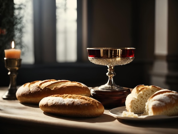 Pão e vinho numa mesa para a comunhão cristã 10