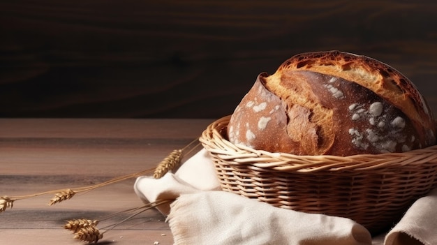 Pão em uma cesta sobre uma mesa de madeira