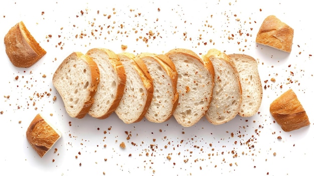 Pão fatiado isolado em um fundo branco Fatias de pão e migalhas vistas de cima Vista de cima