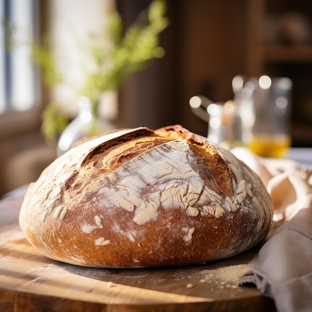 Pão fresco e crocante num dia ensolarado Pão perfumado numa mesa de madeira IA generativa