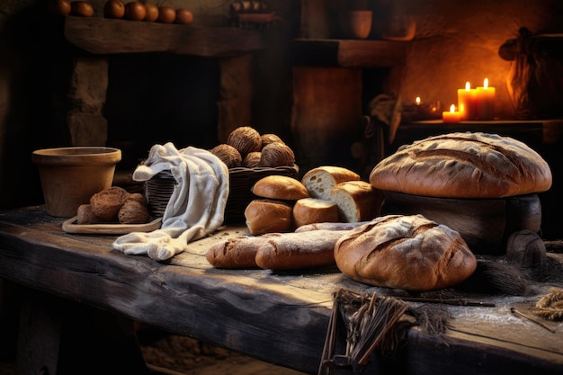 Pão fresco e doces em uma mesa rústica