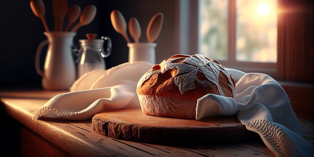 Pão fresco na mesa da cozinha em frente a uma janela com um panorama rural saudável gen