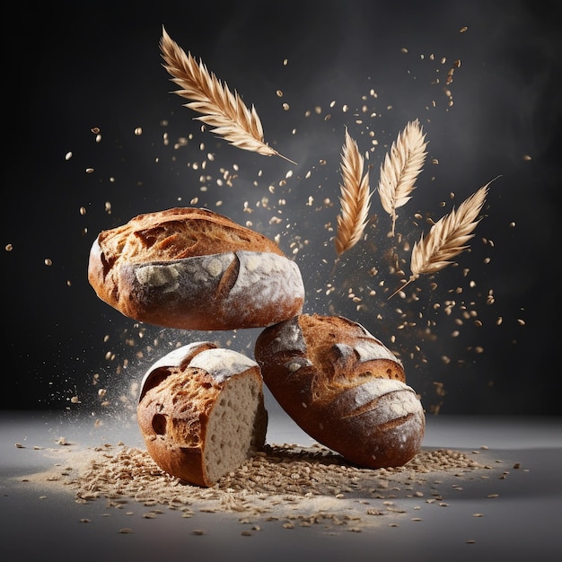 Foto pão fresco voando e levitando na mesa em close-up em placador de farinha conceito de padaria tradicional