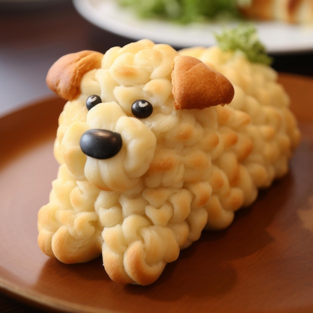 Pão inovador em forma de cão em 3D com coberturas de cogumelos
