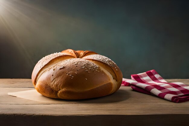 Foto pão integral e fofo em cima da mesa com um pouco de gergelim e farinha