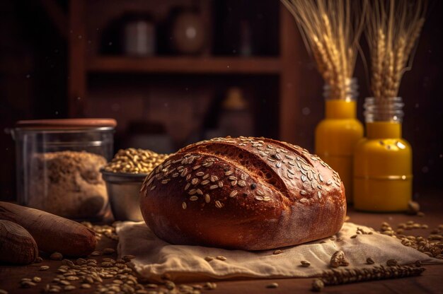 Pão integral orgânico e saudável caseiro em uma mesa de madeira gerada por IA