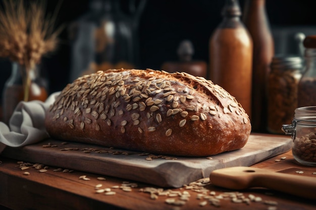 Pão integral orgânico e saudável caseiro em uma mesa de madeira gerada por IA