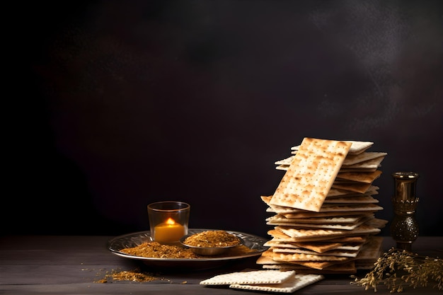 Pão matzah tradicional judaico em um fundo preto Passover Generative AI 2