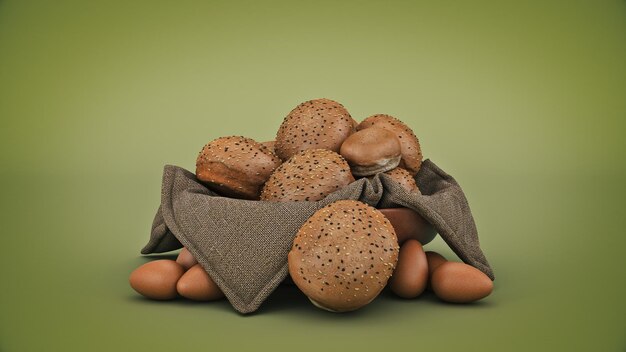 Pão na cesta isolada. renderização em 3D
