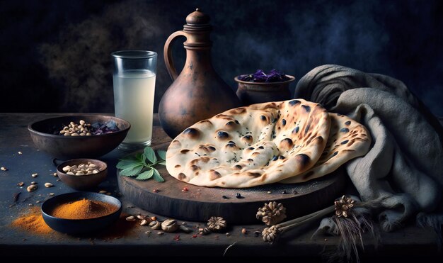 Pão naan indiano em fundo escuro