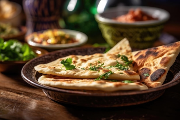 Pão naan no prato Pão achatado com especiarias Cozinha indiana IA generativa