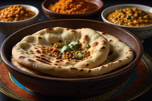 Pão naan servido ao lado de uma tigela de lentil dal