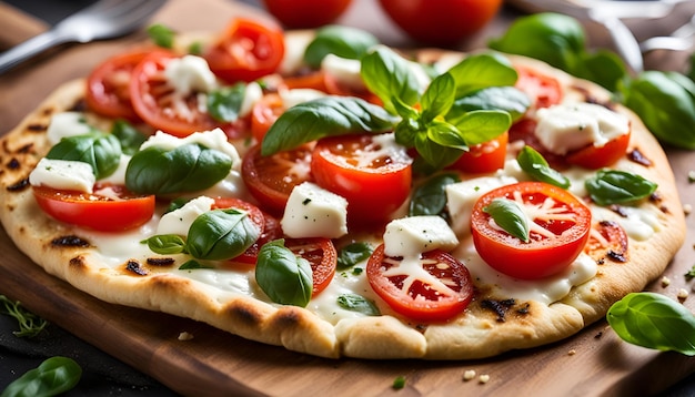 Foto pão plano com tomates frescos, queijo mozzarella e manjericão fresco