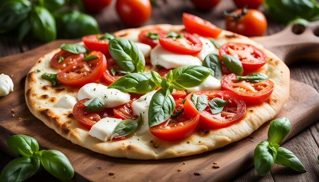 pão plano com tomates frescos, queijo mozzarella e manjericão fresco