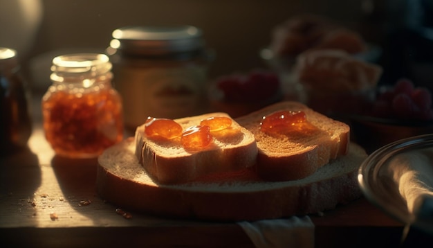 Foto pão recém-assado e conservas de frutas silvestres na mesa geradas por ia