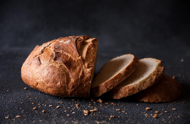 Pão recém-assado e cortado em fundo escuro