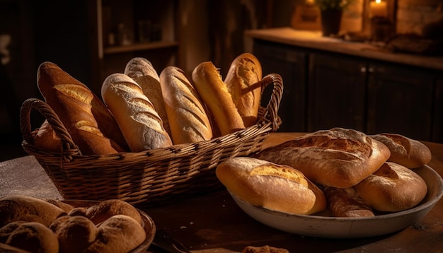 Pão recém-assado em cesta de madeira rústica gerada por IA