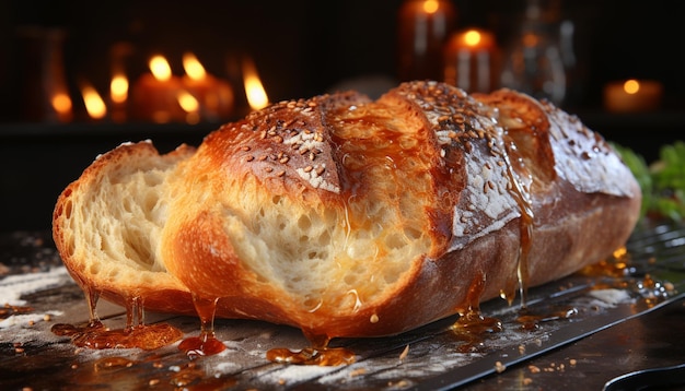 Pão recém-assado em uma mesa de madeira, um banquete para celebração gerado por inteligência artificial