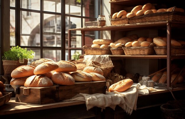 Foto pão recém-cozido na padaria conceito de padaria