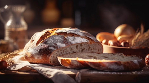 Pão recém-cozido numa mesa de madeira fonte da cozinha rústica