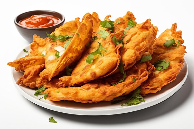 Pão recheado de cebola crocante dourado Pakora em fundo branco Popular fast food Pão foto foto