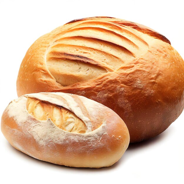 Pão redondo e baguete isolado no fundo branco