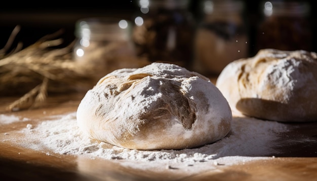 Pão rústico orgânico assado com crosta crocante em um prato de madeira Vista de perto de recém-assado