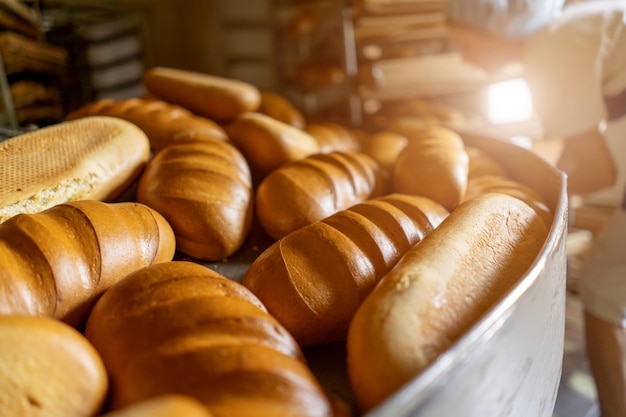 Foto pão se move ao longo do transportador na padaria