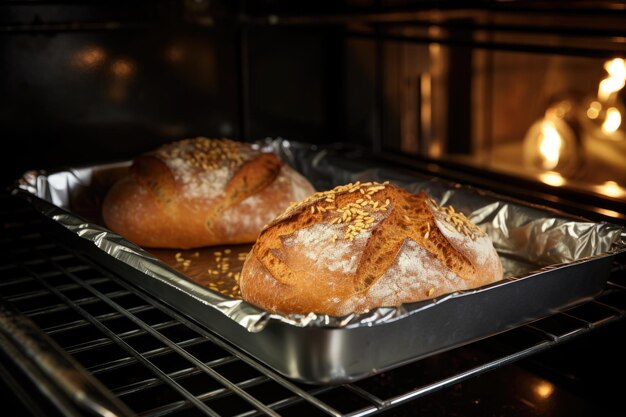 Pão sem glúten assado num forno com uma crosta dourada