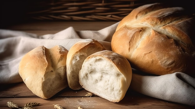 Pão sobre uma mesa com uma cesta ao fundo