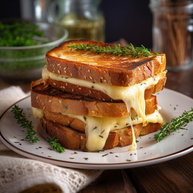 Pão torrado com queijo e ervas numa mesa de madeira Foco seletivo