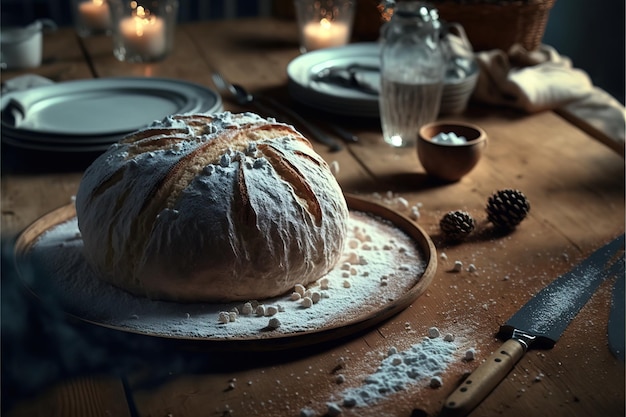 Pão tradicional recém-assado em uma mesa de madeira rústica com farinha em pó voando no ar gene Ai