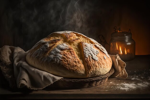 Pão tradicional recém-assado em uma mesa de madeira rústica com farinha em pó voando no ar gene Ai