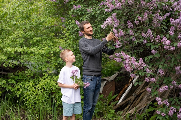 Papá se para cerca de un arbusto de lilas en flor y ayuda a su hijo a recoger un ramo