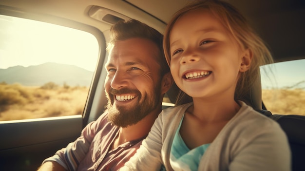 Papá e hijo viajan en el automóvil riéndose y sonriendo ampliamente mientras viajan Creado con tecnología de IA generativa