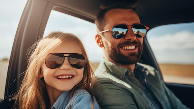 Papá e hijo viajan en el automóvil riéndose y sonriendo ampliamente mientras viajan Creado con tecnología de IA generativa