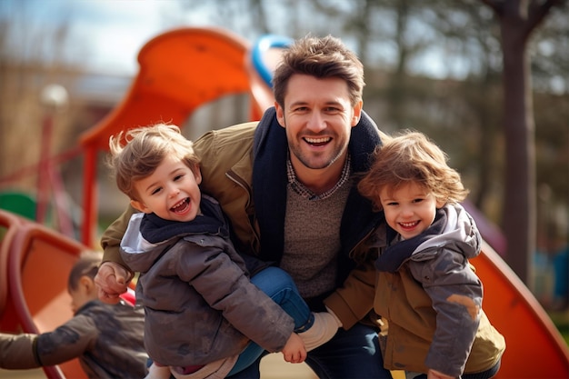 Papá feliz y niños en el patio de recreo