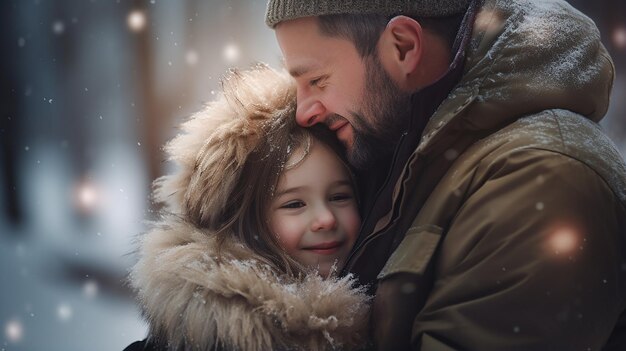 Papá con hija al aire libre en invierno