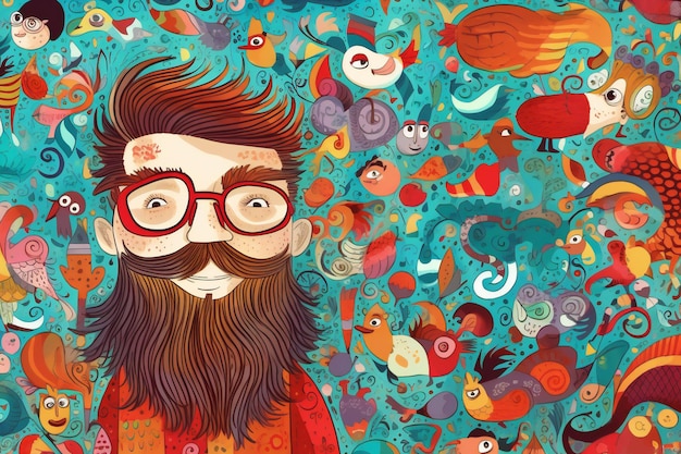 Foto papá hipster con barba y bigote ilustración abstracta de un personaje de dibujos animados